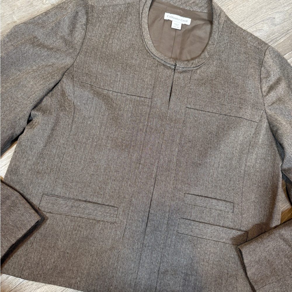 Coldwater Creek Brown Herringbone Collarless Hook And Eye Blazer-size S (6-8) - Picture 4 of 12